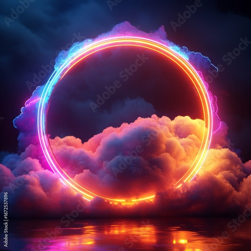 3d render, colorful neon glowing circle inside vibrant fluffy clouds on dark background, abstract illustration