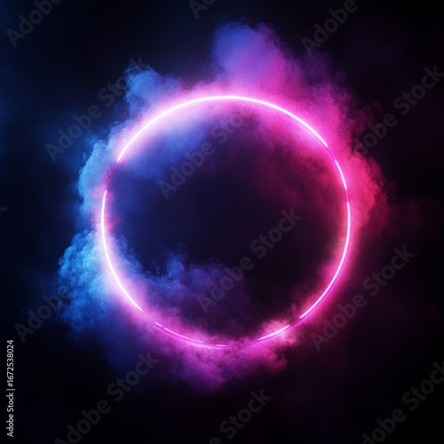 3d render, colorful neon glowing circle inside vibrant fluffy clouds on dark background, abstract illustration