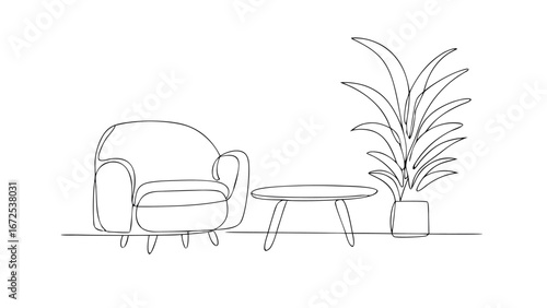 realistic continuous one line art on with drawing of armchair eps white background