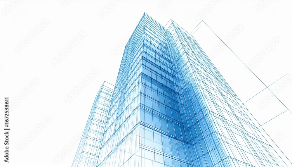 Fototapeta premium Abstract Blue Geometric Building with Complex Network Structure in Minimal Design