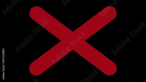 red incorrect wrong answer no entry cross with diagonal strokes and rounded corners animating on and off the screen with plain black background that can be made invisible using screen blend mode 4K