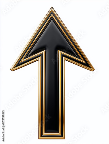 Bold upward arrow with gold outline on white background, 3D render