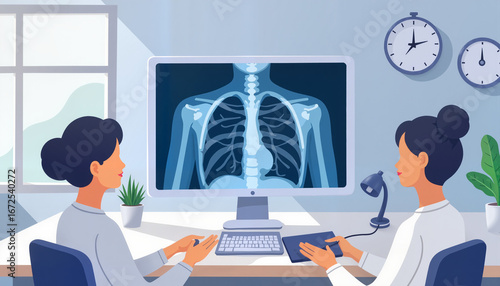 doctors examining x-ray on computer screen clip art preview
