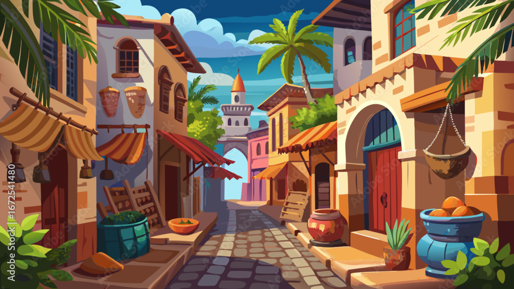Fototapeta premium Stone Town, Zanzibar, enchants with labyrinthine alleys, spice markets, and carved wooden doors. Indian Ocean breezes mingle with Swahili history, creating a magical, aromatic coastal cultural destina