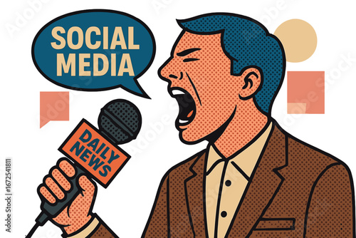 A modern journalist's mouth is contorted in a loud scream as they hold a microphone during a live social media interview