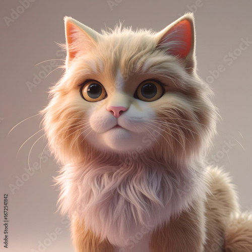 Adorable Cute Fluffy Cat with Big Yellow Eyes Digital Illustration