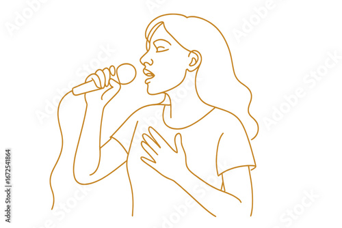 Young woman in continuous line art singing into a microphone, set against a white background in a black linear sketch