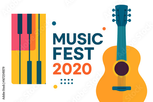 A colorful vector illustration featuring a piano and guitar, designed as a banner background template for music festivals in