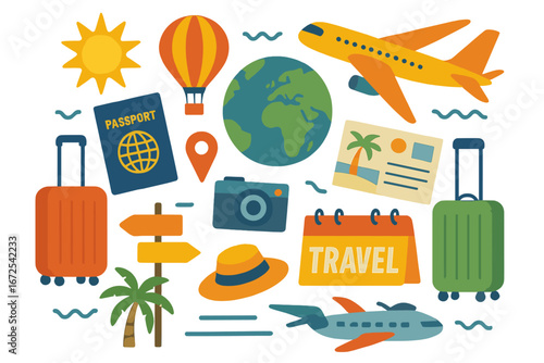 Adventure tourism, overseas travel, summer vacation design motifs; a collection of travel icons depicting transport, hotels, luggage, airports, cocktails, and palms – vector illustration