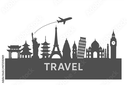 Iconic global attractions depicted in a stylized travel illustration