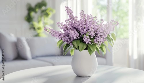 Wallpaper Mural modern living room with white round table holds a simple matte white ceramic vase, filled with a lush bouquet of fresh lilac flowers Torontodigital.ca