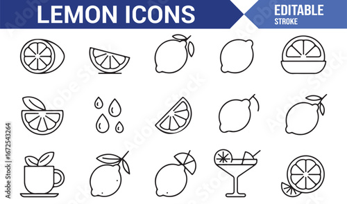 Collection of lemon drink and slice vector icons for beverage brands