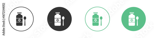 Syrup medicine bottle icons silhouette in flat black style.