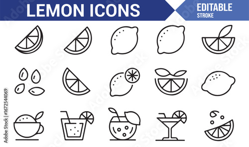 Editable lemon vector icons for fresh beverages and food designs