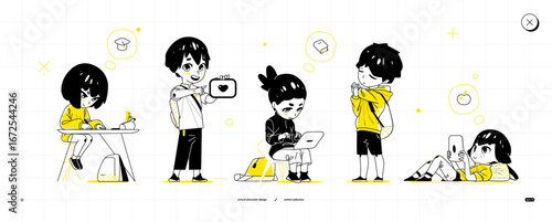 Anime-style students in everyday moments: girl writing at desk, boy pointing at tablet, girl on bench with laptop, boy stretching, and curious girl lying on floor with tablet. Vector art.