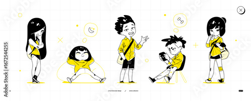 Anime-style students in relaxed poses: thoughtful girl, girl lying on pouf smiling with eyes closed, boy with peace sign, boy focused on tablet, and girl drinking from cup while watching tablet.