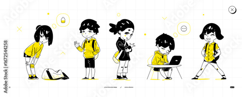 Anime-style school kids in unique poses: tired sporty girl bending forward, waving boy, peace sign girl, sleepy boy at desk, and confident smiling girl with hands on hips. Vector art.