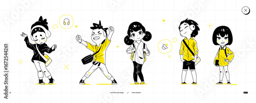 Anime-style school kids in dynamic poses: dancing with headphones, joyful arms open, smiling with backpack, boy enjoying music, and confident girl with laptop. Vector line art.
