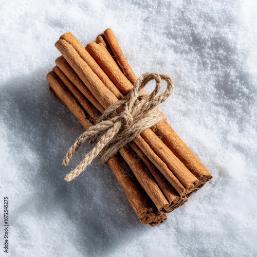 Bundle of cinnamon sticks tied with twine on a snowy background
