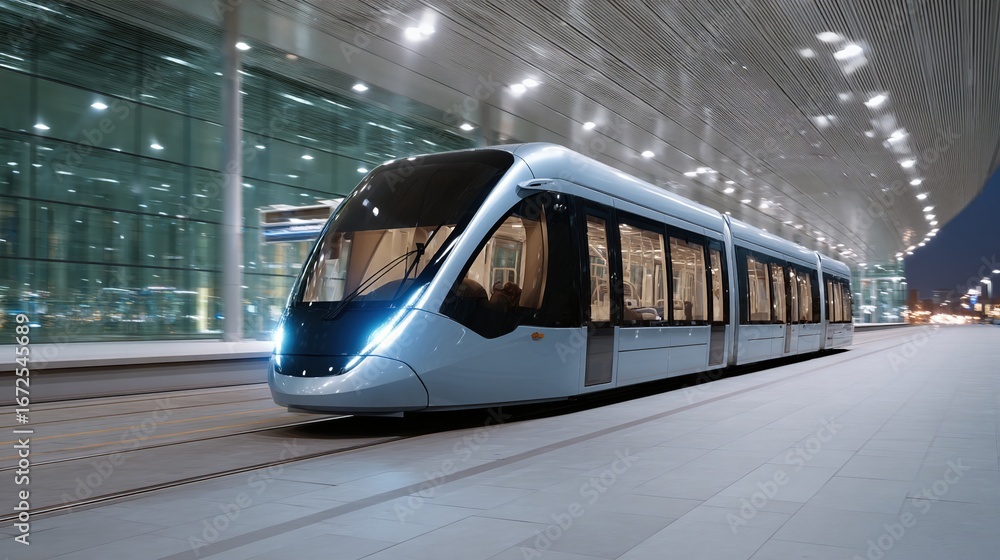 Fototapeta premium Modern tram arriving at a station at night with strong motion blur. Public transportation technology and commuting concept.
