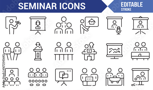 Editable seminar and conference vector icons for event design