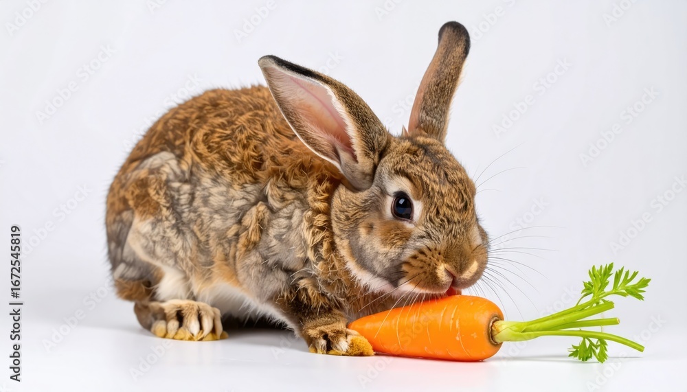 Fototapeta premium Adorable brown rabbit enjoying a crunchy orange carrot snack