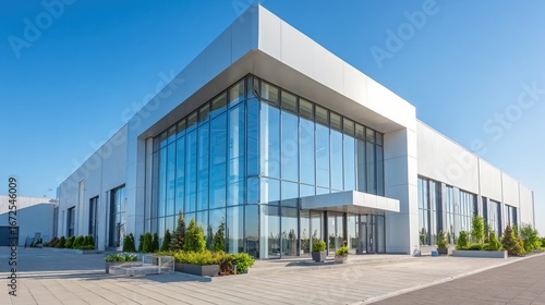 Wallpaper Mural Modern office building with glass facade and clear blue sky. Contemporary business architecture for corporate headquarters and innovation. Torontodigital.ca