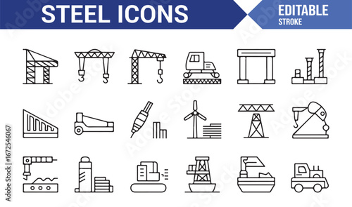 Editable construction and steelwork vector icons for factory designs