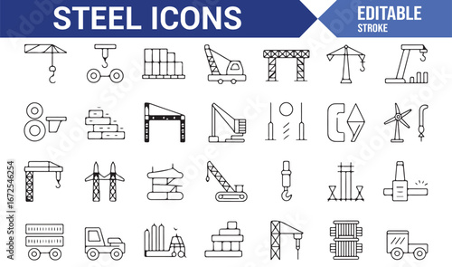 Set of editable icons for construction machinery and steel materials