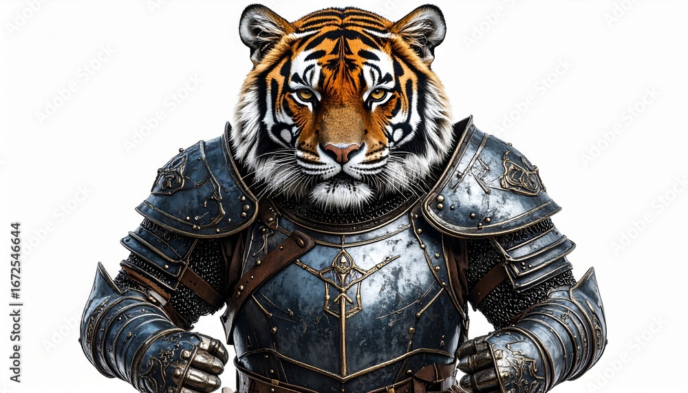 Fototapeta premium Anthropomorphic Tiger Warrior in Metal Armor Isolated on White Background Fierce Wildlife Fighter