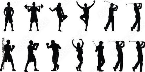 Twelve sports and fitness silhouettes including weightlifting, yoga, dancing, boxing, and golf, showcasing diverse athletic activities on white background for design