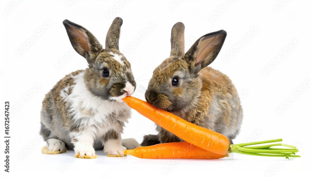 Fototapeta premium Two adorable bunnies share a delicious carrot together.