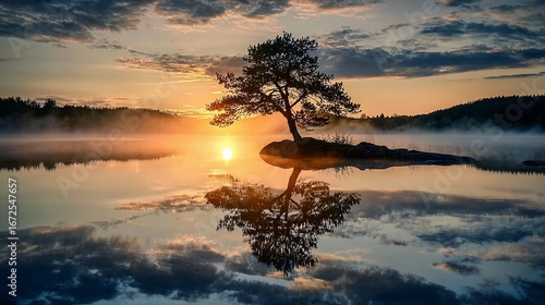 Sunrise over a tranquil lake with a solitary tree casting reflections on calm water, surrounded by mist and distant hills in early morning light