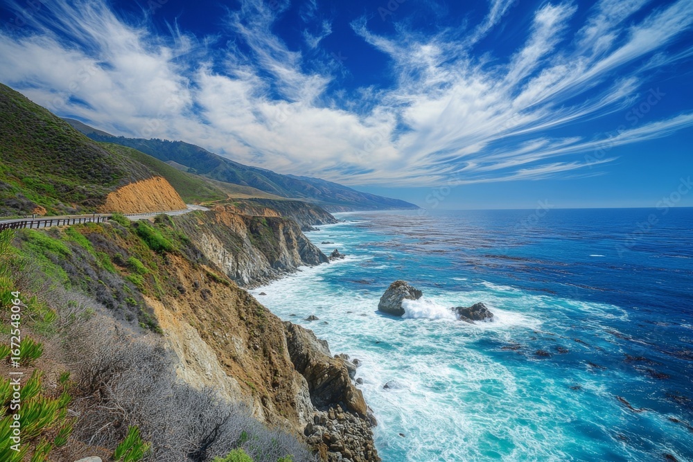The coastal drive features a winding road that closely follows the dramatic cliffs overlooking a turquoise ocean The coastal drive features a winding road that closely follows the dramatic cliffs overlooking a turquoise ocean
