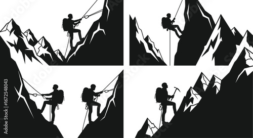 Four mountain climbing silhouettes showing ascents, rappelling, and peak views, with ropes, gear, and rugged landscapes for adventure, sport, and outdoor design