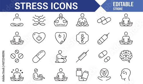 Editable stress relief vector icons for wellness and healthcare designs