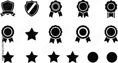 Collection of shield, ribbon, star, and circle award icons in black and white, isolated design for achievement, rating, and recognition themes