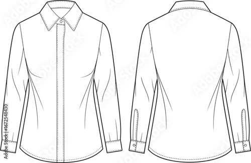 Women’s long sleeve shirt fashion flat sketch, front and back view, formal blouse design, technical drawing, vector apparel template