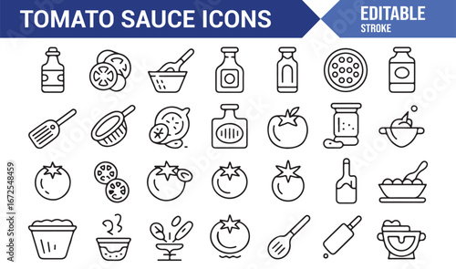 Editable icons for food preparation, including tomato sauce and ingredients
