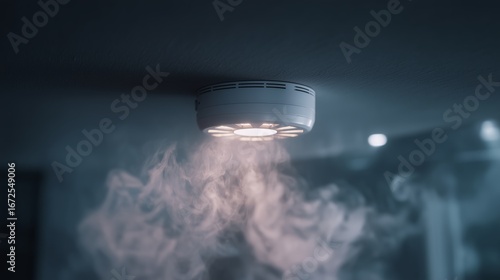 Smoke detector mounted on a ceiling with visible smoke nearby, concept of fire safety, early warning, and home or office protection.