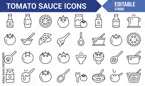 Collection of editable tomato sauce icons for food packaging and branding