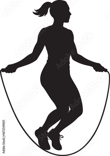 Black silhouette of a woman jumping rope with ponytail and athletic build fitness exercise