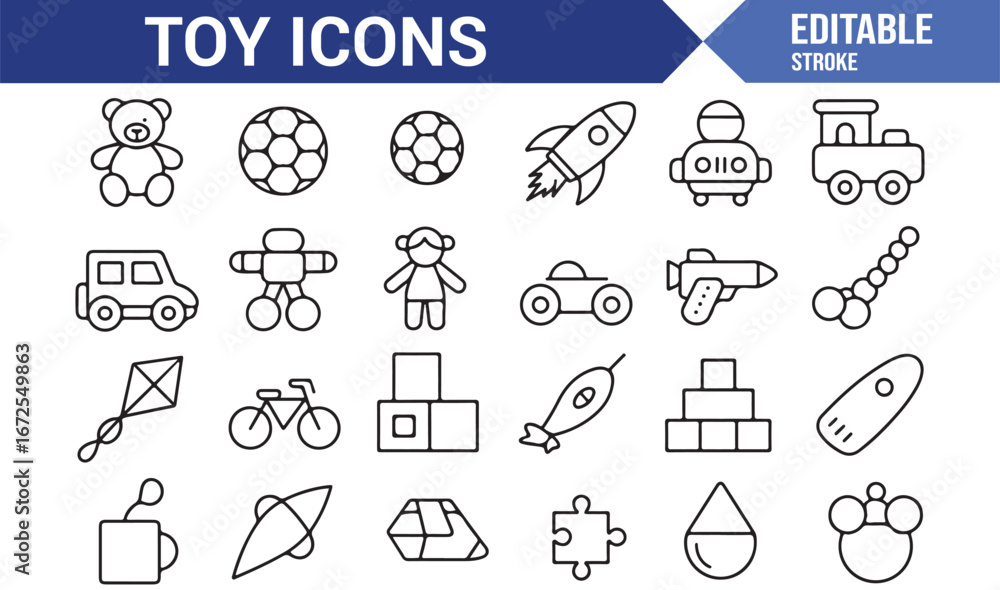 Fototapeta premium Editable vector icons for children's toys and play activities