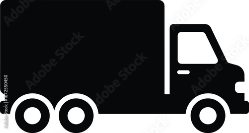 Black silhouette of a delivery truck, representing logistics, shipping, transportation, and cargo services, for commercial and business use, isolated on white, modern flat vector illustration