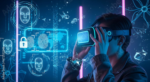 Person using vr headset with face scans and fingerprint security in a futuristic digital environment