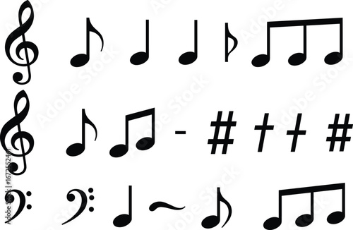 A collection of different musical notes and symbols, perfect for representing music, melody, harmony, rhythm, and artistic concepts