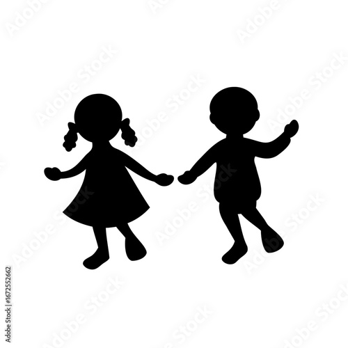 Silhouette of children holding hands, girl with pigtails and boy together