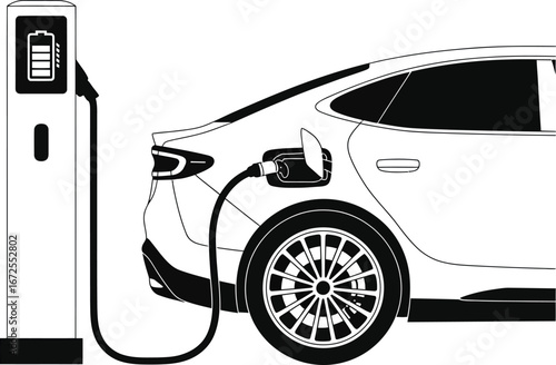 Modern electric car connected to a charging station with a battery level indicator