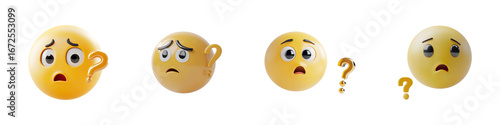 Set of yellow emoji with a confused expression and a question mark next to it isolated on transparent background