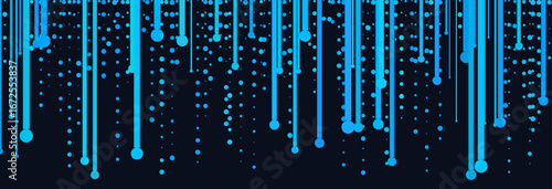 Abstract digital data streams on dark background with cascading blue dots.